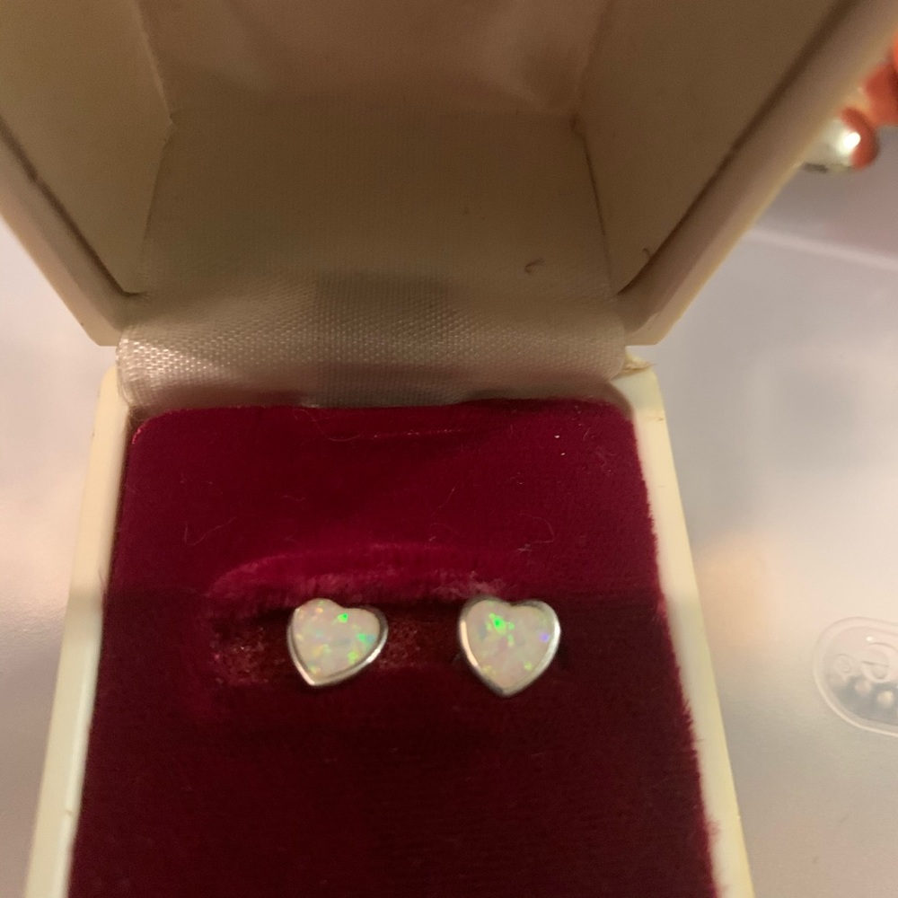 Opal and sterling silver heart earrings